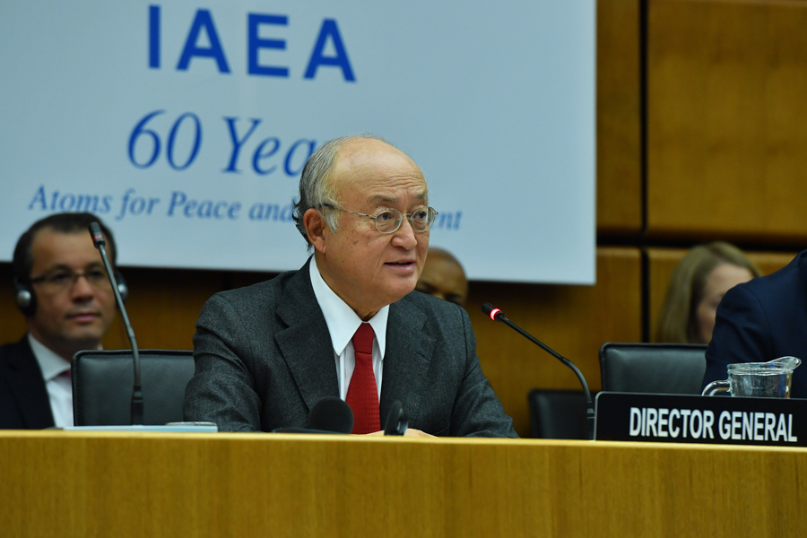 IAEA Director-General Yukiya Amano delivers remarks after re-appointment at the IAEA Board of Governors meeting March 8 in Vienna. (Photo credit: Dean Calma/IAEA)