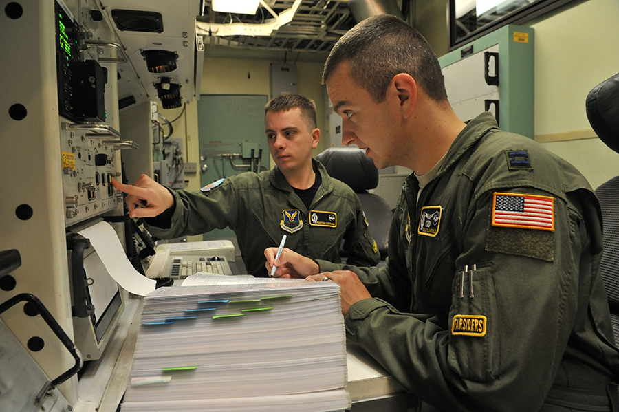 A U.S. nuclear missile combat crew rehearses procedures at Malmstrom Air Force Base in 2014. Improved encryption technology for messages from the U.S. commanders to the launch crews could reduce the risks of adversaries ordering unauthorized launches or preventing properly ordered ones. (Photo: John Turner: U.S. Air Force)
