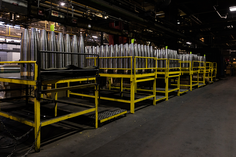 155mm artillery shells, such as these produced at the Scranton Army Ammunition Plant in Scranton, Pa., are among the weapons systems that the United States provides to other countries, including Ukraine and Israel. (Photo by Hannah Beier/Getty Images)