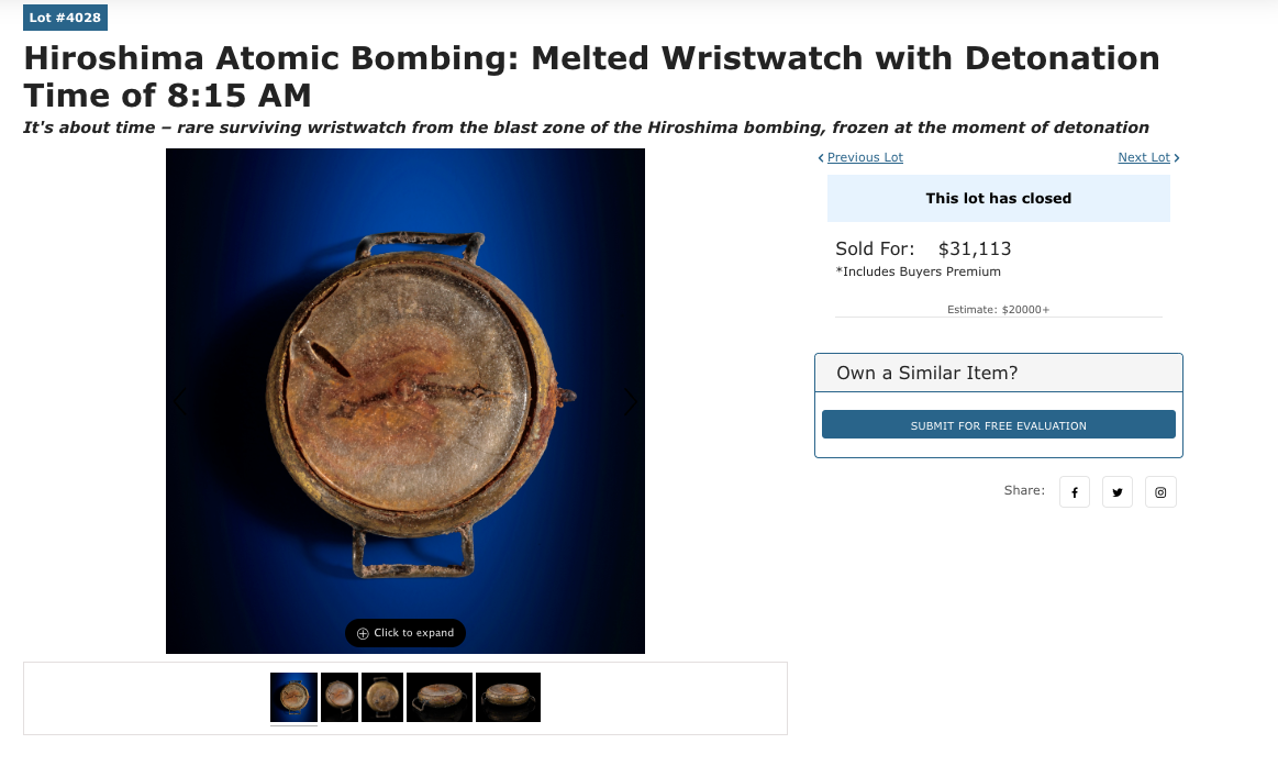 RR Auction webpage with pictures of the Hiroshima wristwatch (Photo: RR Auction)