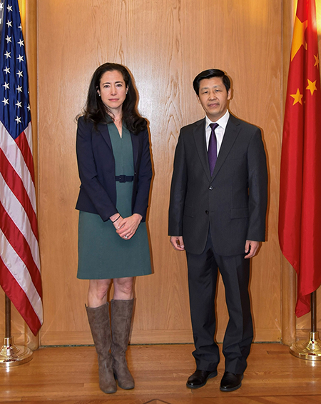 U.S. Assistant Secretary of State Mallory Stewart (L) and Sun Xiaobo, director-general of China’s Department of Arms Control, during their arms control consultations November 6 at the State Department. In February, Sun put forward Beijing’s proposal for an agreement on no first use of nuclear weapons. (Photo by U.S. State Department)