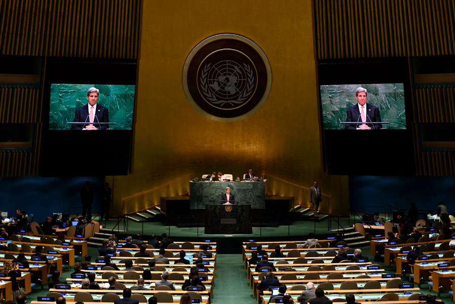U.S. Secretary of State John Kerry addresses the 2015 Review Conference of the nuclear Nonproliferation Treaty at the United Nations on April 27, 2015. (Photo credit: Timothy A. Clary/AFP/Getty Images)