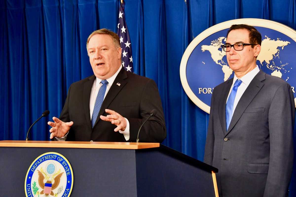 Secretary of State Mike Pompeo and Secretary of the Treasury Steve Mnuchin provide an update on Iran Policy and Sanctions at the Foreign Press Center in Washington, D.C., on November 5, 2018. [State Department photo/ Public Domain]