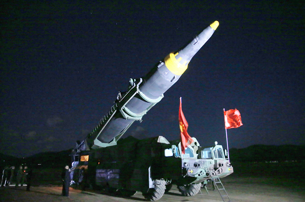 This May 14 picture from the official Korean Central News Agency shows leader Kim Jong Un inspecting a Hwasong-12 ballistic missile before a test launch. The test was intended to verify “the tactical and technological specifications” for a system “capable of carrying a large-size heavy nuclear weapon,” according to the state-run news agency. (Photo credit: Stringer/AFP/Getty Images)