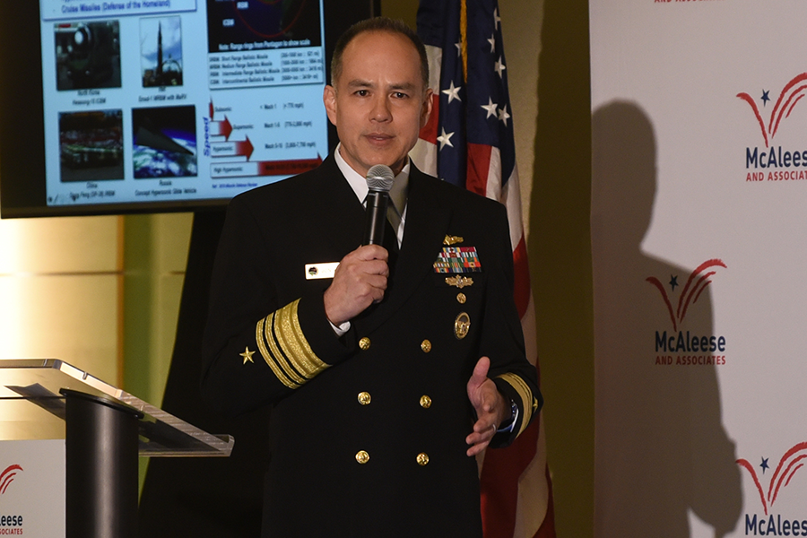 Navy Vice Adm. Jon A. Hill, director of the Missile Defense Agency, speaks at the 11th annual McAleese Defense Programs Conference, in Washington, D.C., in 2020. (Photo: Defense Department)