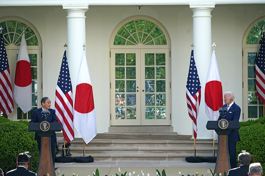 U.S. President Joe Biden and Japanese Prime Minister Yoshihide Suga take part in a joint press conference in the Rose Garden of the White House in Washington, D.C. on April 16. (Photo: Mandel Ngan/AFP via Getty Images)