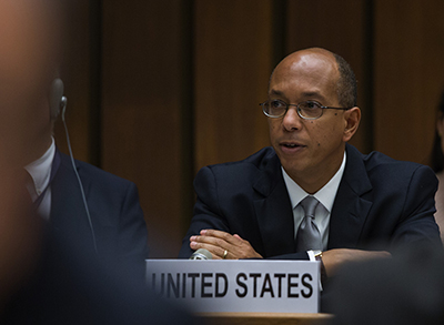 Robert Wood of the United States addresses the opening plenary session of the meeting of parties to the Biological Weapons Convention in Geneva on December 1, 2014. (U.S. Mission Geneva)