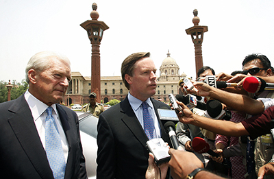 Nicholas Burns, U.S. undersecretary of state for political affairs and a chief negotiator of the nuclear agreement with India, speaks to reporters in New Delhi on May 31, 2007. At left is David Mumford, U.S. ambassador to India. (Prakash Singh/AFP/Getty Images)