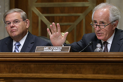 Senators Robert Menendez (D-N.J.) and Bob Corker (R-Tenn.), the two top members of the Senate Foreign Relations Committee, attend a hearing on July 29, 2014, on the nuclear talks with Iran. (Chip Somodevilla/Getty Images)