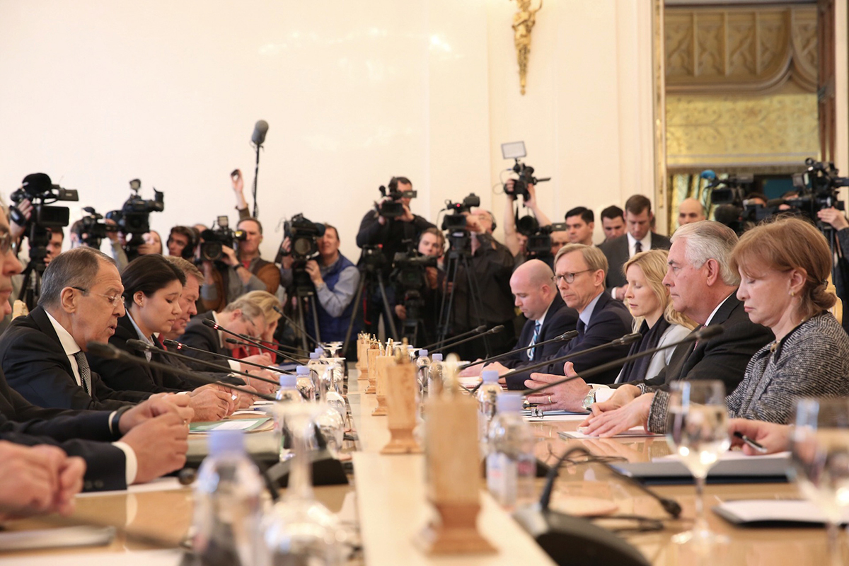 As news cameras and journalists look on, Russian Foreign Minister Sergey Lavrov makes opening remarks at a meeting with U.S. Secretary of State Rex Tillerson and his delegation in Moscow on April 12. (Photo credit: U.S. Department of State)