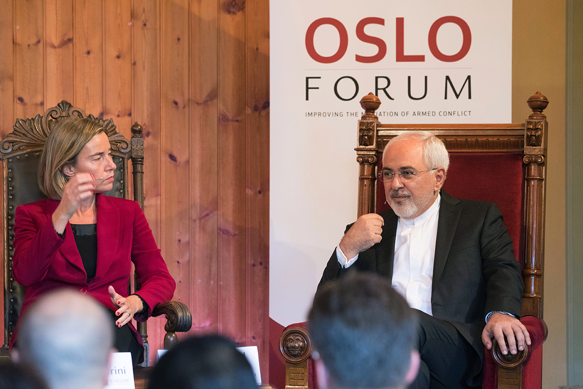European Union foreign policy chief Federica Mogherini and Iranian Foreign Minister Mohammad Javad Zarif participate in the Oslo Forum on June 13 in Losby Gods, near Oslo. (Photo credit: Hakon Mosvold Larsen/AFP/Getty Images)