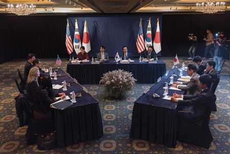 Representatives from the United States (left), South Korea (center) and Japan (right) take part in three-way talks on North Korea in Seoul on October 18. (Photo credit: ED JONES/AFP/Getty Images)