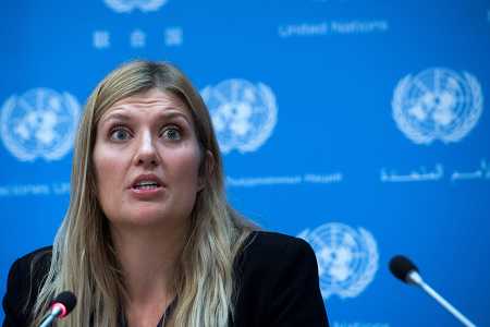 Beatrice Fihn, executive director of the International Campaign to Abolish Nuclear Weapons (ICAN), answers a question during a press conference at the United Nations headquarters in New York on October 9, three days after the announcement that the group won the 2017 Nobel Peace Prize.  (Photo credit: JEWEL SAMAD/AFP/Getty Images)