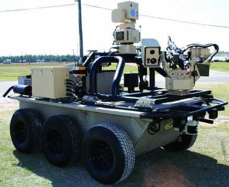The Defender, an experimental robotic platform able to perform reconnaissance, surveillance, and targeting tasks, is shown in a 2008 photo. The system was designed to be operated remotely by military personnel, although technology advances could make possible a similar system able to operate autonomously. (U.S. Air Force photo)