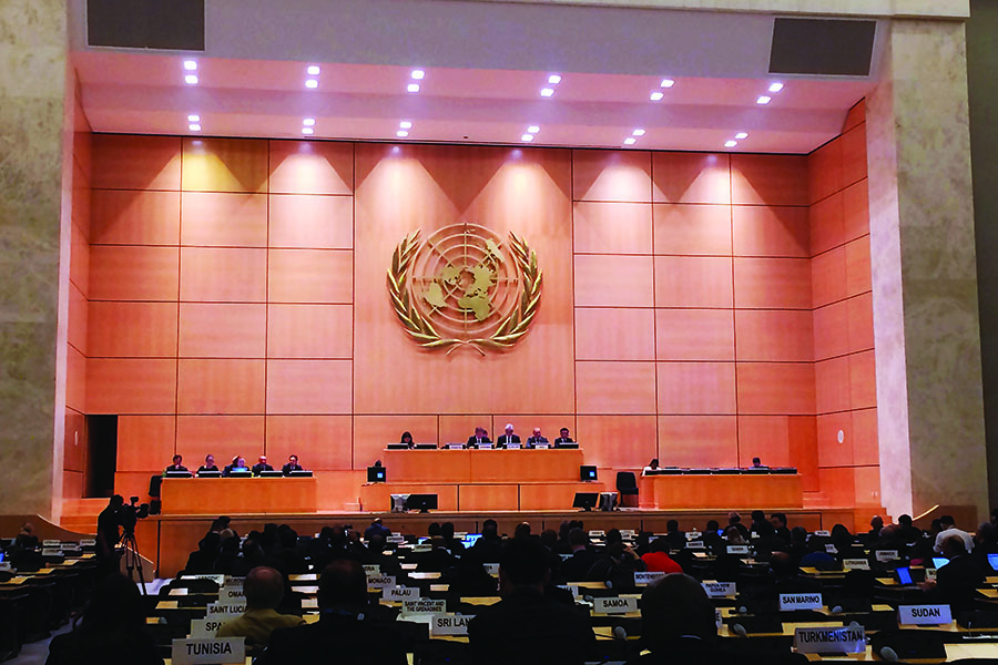 At the Palais des Nations in Geneva, diplomats from more than 100 countries participate April 30 at the international conference to prepare for the 2020 review of the nuclear Nonproliferation Treaty. (Photo: Alicia Sanders-Zakre/Arms Control Association)