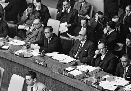 Irish Foreign Minister Frank Aiken (center) listens to the debate at the First Committee of the General Assembly on October 8, 1958. Also shown in the photo are (front row, left to right): L. Vitetti (Italy); Abba Eban (Israel); H. Jawad (Iraq); and D. Abdoh (Iran).  (UN Photo/MB)
