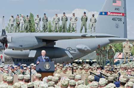U.S. Vice President Mike Pence addresses U.S. and Georgian troops participating in the Noble Partner 2017 multinational military exercise on August 1, 2017. Pence arrived in Tbilisi from Estonia, where he reaffirmed U.S. support for the Baltic nations and accused neighboring Russia of seeking to 