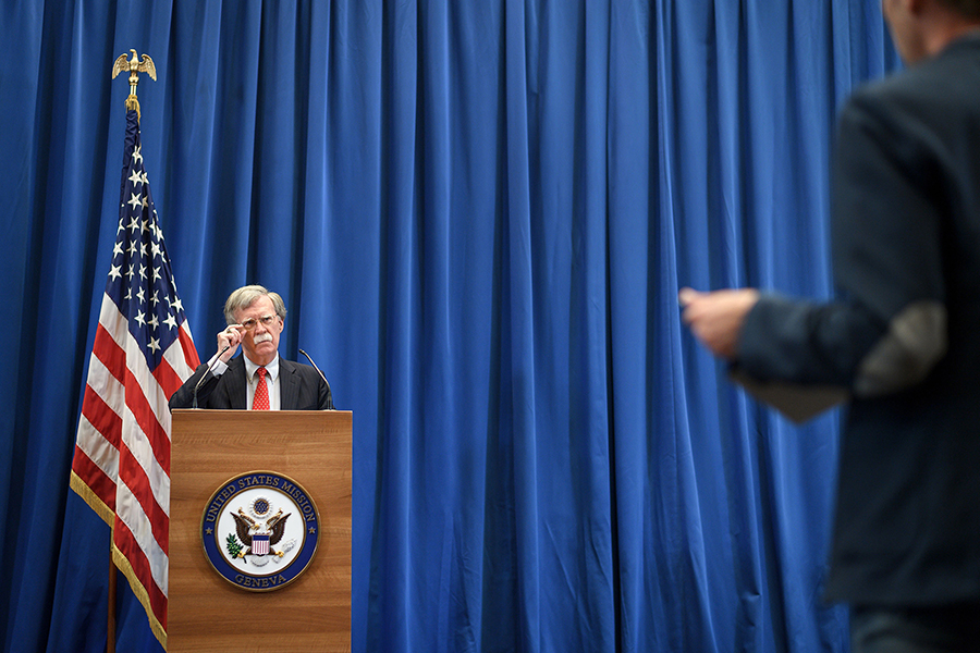 John Bolton, the U.S. national security adviser, addresses a press conference at the U.S. Mission in Geneva on August 23, following a meeting with his Russian counterpart. (Photo: Fabrice Coffrini/AFP/Getty Images)
