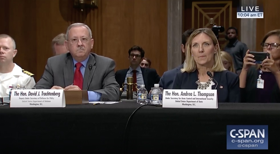 A C-SPAN screen grab shows David Trachtenberg, deputy undersecretary of defense for policy, and Andrea Thompson, undersecretary of state for arms control and international security, testifying September 18 before the Senate Foreign Relations Committee.
