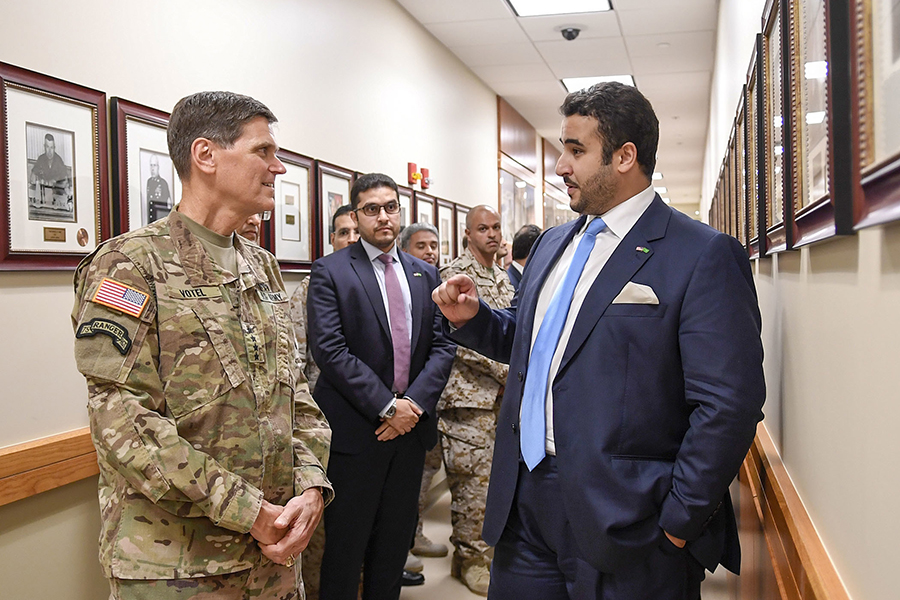 U.S. Army Gen. Joseph Votel, commander, U.S. Central Command, welcomes Prince Khalid bin Salman, Saudi ambassador to the United States, at USCENTCOM headquarters, MacDill Air Force Base, Fla., on July 31, 2018. (Photo: U.S. Air Force)