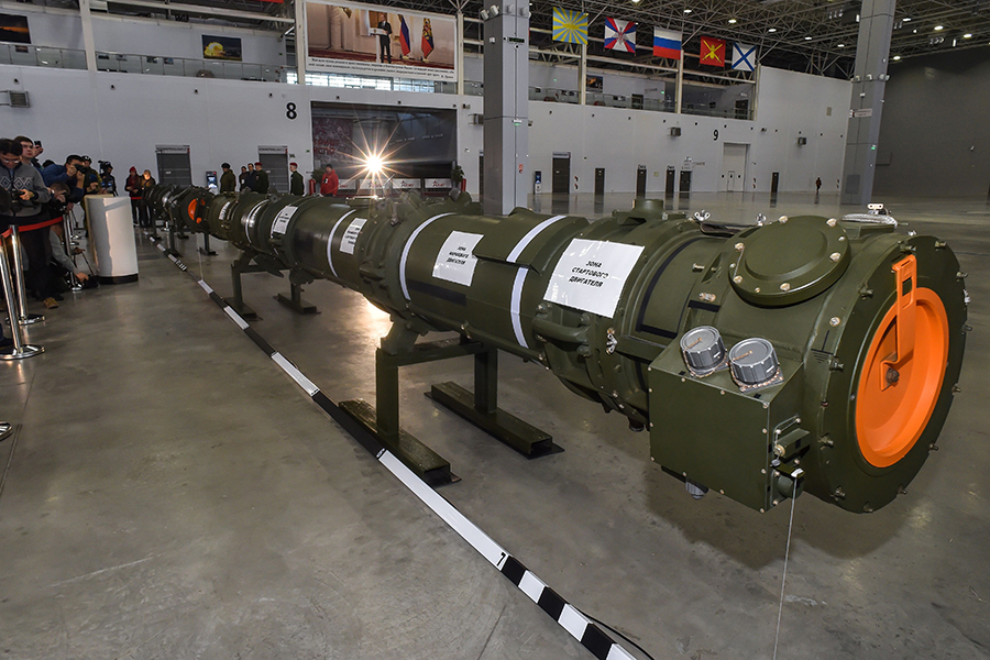 Russia displays a purported canister for the 9M729 cruise missile near Moscow on January 23. The United States has charged that the missile can fly farther than allowed by the INF Treaty. (Photo: Daniel Mihailescu/AFP/Getty Images)