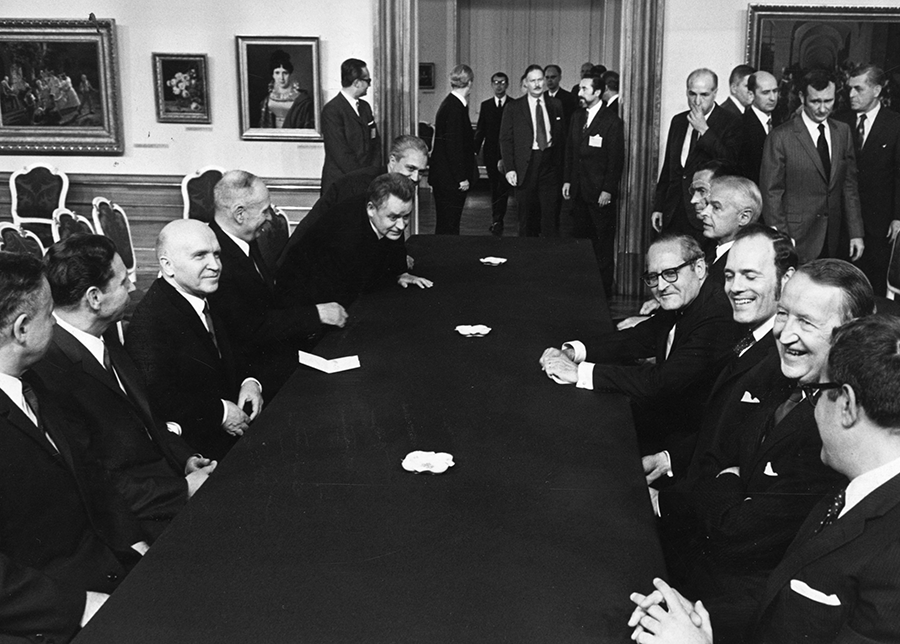 View of the Soviet delegation (left) and United States negotiating team (right) sitting together during Strategic Arms Limitation Talks (SALT) in Vienna, Austria circa 1970. Negotiations would last from 1969 until May 1972 at a series of meetings in both Helsinki and Vienna and result in the signing of the SALT I agreement between the United States and Soviet Union in May 1972. (Photo by Keystone/Getty Images)