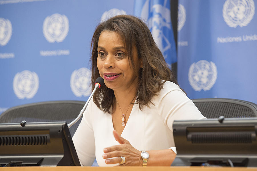 Amb. Elayne Whyte Gómez, permanent representative of Costa Rica to the United Nations at Geneva, and president of the UN conference that negotiated the Treaty on the Prohibition of Nuclear Weapons, speaks to the media in July 2017. (Photo: Eskinder Debbie/UN)