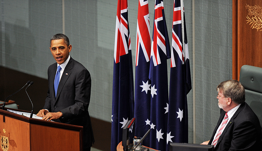 U.S. President Barack Obama addresses the Australian Parliament November 17, 2011 as part of his 