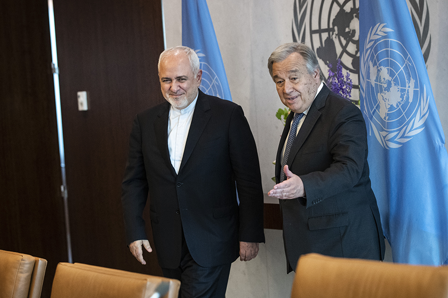 Iranian Foreign Minister Mohammad Javad Zarif (left) meets UN Secretary-General Antonio Guterres at United Nations headquarters on July 18. In new sanctions, the United States has limited Zarif's travel, but will allow him to attend UN meetings in New York. (Photo: Drew Angerer/Getty Images)