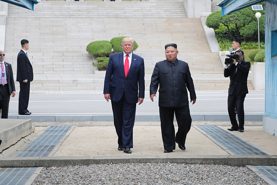 U.S. President Donald Trump and North Korean Kim Jong Un meet briefly on the North Korean side of the demilitarized zone on June 30. The North Korean visit was the first by a sitting U.S. president. (Photo: Dong-A Ilbo via Getty Images)
