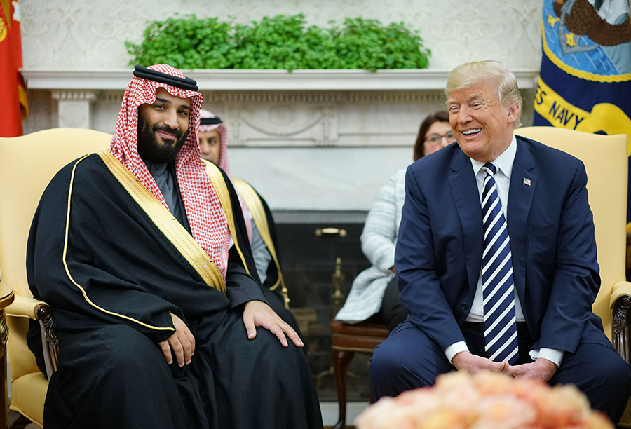Saudi Arabian Crown Prince Mohammed bin Salman (left) meets U.S. President Donald Trump in the White House on Mar. 20, 2018. During his Washington visit, bin Salman told CBS news that 