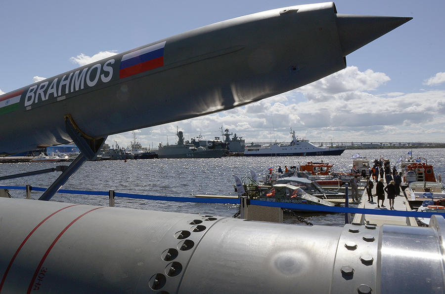 The BrahMos cruise missile, produced by an Indian-Russian venture, is displayed in St. Petersburg in 2017.  (Photo: Olga Maltseva/AFP/Getty Images)