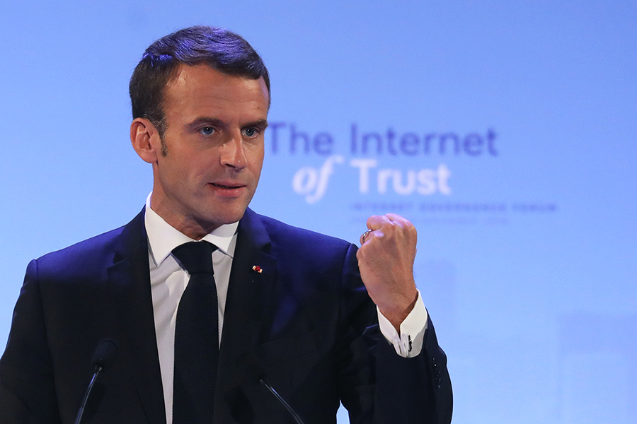 French President Emmanuel Macron speaks November 12, 2018 at the Internet Governance Forum in Paris, where he introduced the “Paris Call for Trust and Security in Cyberspace,