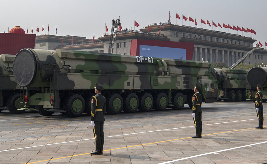 China displays a DF-41 ICBM at a 2019 parade in Beijing. Despite China's program to modernize its strategic nuclear forces, the nation's arsenal is much smaller than those of the United States or Russia. (Photo by Kevin Frayer/Getty Images)