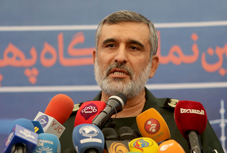 Gen. Amir Hajizadeh, head of the Revolutionary Guard's Aerospace Force Command, speaks in 2019. He announced Iran's development of a new, solid-fueled ballistic missile during a Feb. 9 ceremony. (Photo by Atta Kenare/AFP/Getty Images)