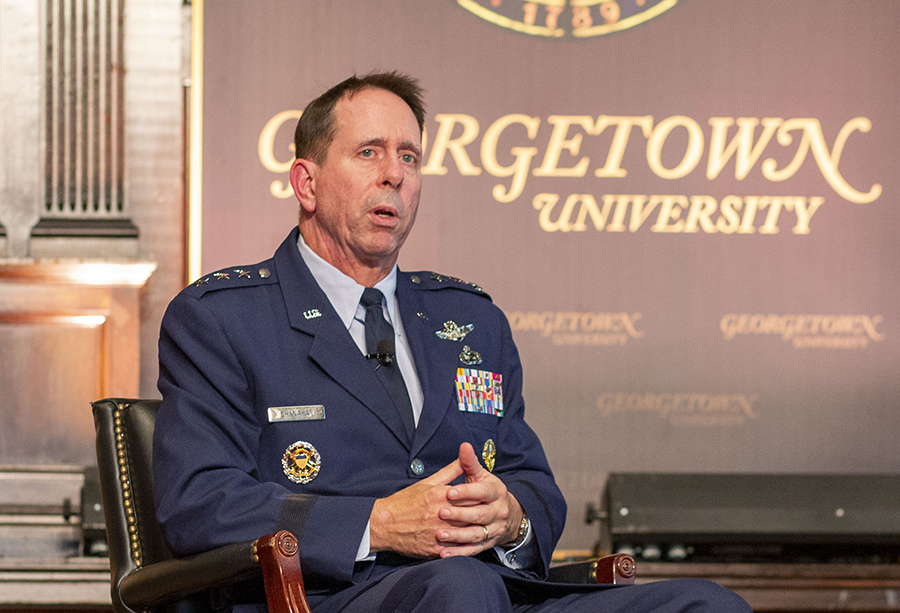 Lieutenant General Jack Shanahan, director of the Joint Artificial Intelligence Center, appears at a September 2019 conference at Georgetown University. He spoke of the need for improving artificial intelligence in the U.S. military, but cautioned, "there is one area where I pause, and it has to do with nuclear command and control." (Photo: Georgetown University)