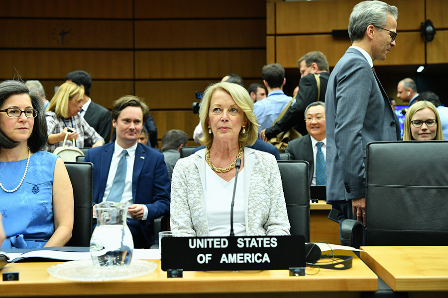 Amb. Jackie Wolcott, U.S. representative to the IAEA, attends an agency meeting in July 2019. She raised 