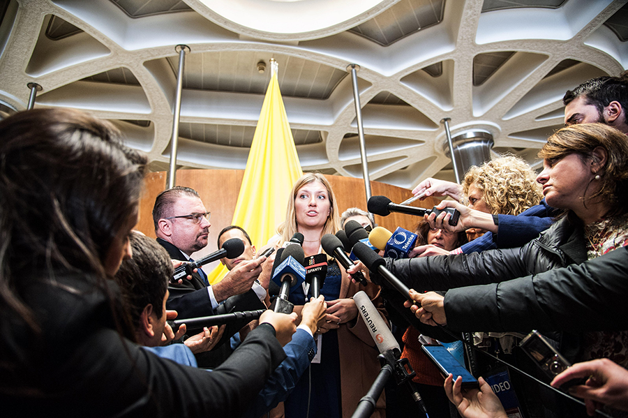 Beatrice Fihn, executive director of the International Campaign to Abolish Nuclear Weapons, speaks to the media at a Vatican symposium on nuclear disarmament on Nov. 10, 2017. Fihn joined 10 other Nobel Prize winners at the event, which highlighted the pope's ability to create connections between many sectors of society. (Photo: IPA/WENN.com/Alamy)