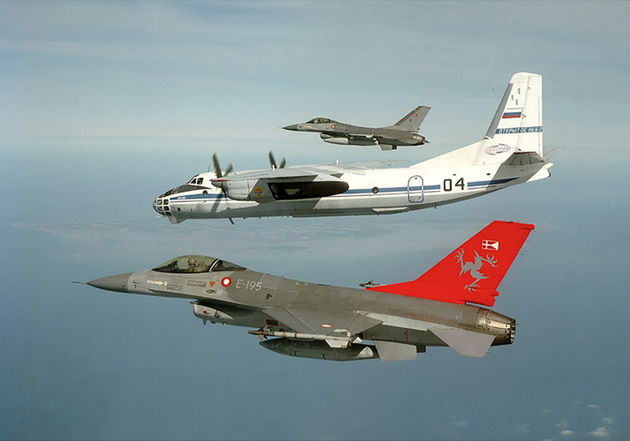 Danish F-16 fighter aircraft escort a Russian observation aircraft during a flight over Denmark in 20008. (Photo: OSCE)