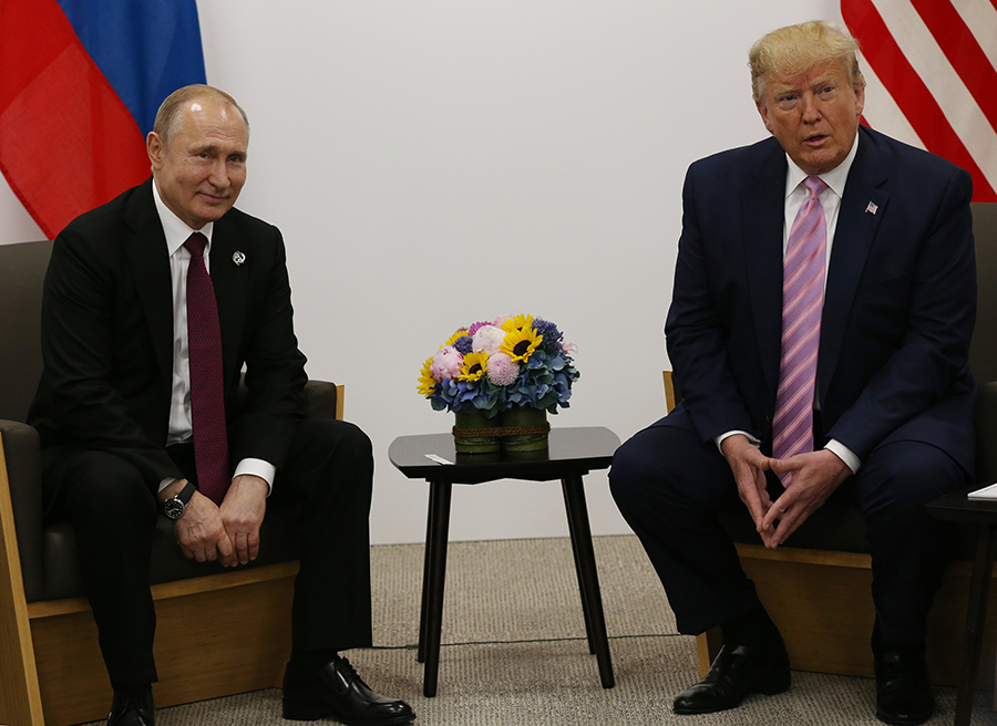 Russian President Vladimir Putin (left) and U.S. President Donald Trump speak at the 2019 G20 summit in Japan. U.S. National Security Advisor Robert O'Brien recently said 