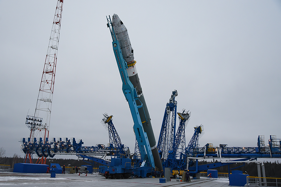 A Russian rocket topped with the Cosmos 2543 satellite is erected in November 2019. Successfully launched in December, the satellite flew 