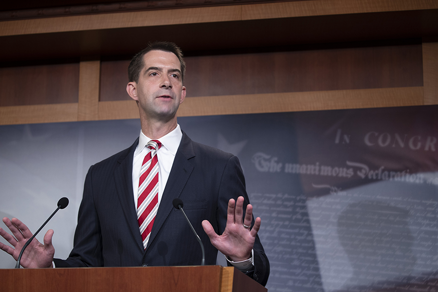 Sen. Tom Cotton (R-Ark.) speaks to the media in July. He introduced an amendment to the National Defense Authorization Act to fund a resumption of nuclear test explosions if the Trump administration found such a step necessary. (Photo: Tasos Katopodis/Getty Images)