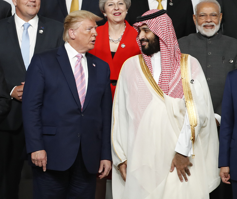 U.S. President Donald Trump (left) speaks with Saudi Crown Prince Mohammed bin Salman at the 2019 G20 summit in Japan. Declining U.S. influence has made it more difficult to impose stringent nonproliferation standards as the United States seeks to export civil nuclear technology to nations such as Saudi Arabia.  (Photo: Kim Kyung-Hoon/Getty Images)