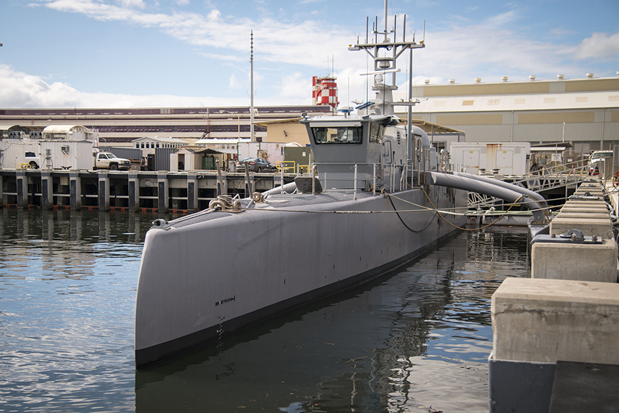 The prototype autonomous ship Sea Hunter is moored at Pearl Harbor in 2018. U.S. Defense Secretary Mark Esper recently announced a long-term vision for the Navy deploying a 500-ship fleet, nearly half of which could be autonomous ships. (Photo: Nathan Laird/U.S. Navy)