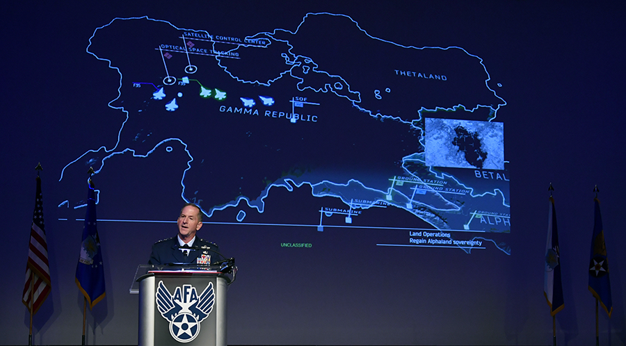 U.S. Air Force Chief of Staff Gen. David Goldfein speaks to the Air Force Association's Air, Space and Cyber Conference in September 2019. As great-power competition in cyberwarfare pushes the technology forward, there are risks that potential escalatory consequences are being ignored. (Photo: Wayne Clark/U.S. Air Force)