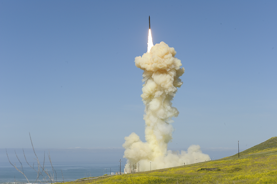 A Ground-based Interceptor launches from Vandenberg Air Force Base, Calif., in a 2019 test. The interceptor is part of the Ground-Based Midcourse Defense system, an expensive investment that has never been tested in a realistic way. (Photo: Missile Defense Agency)