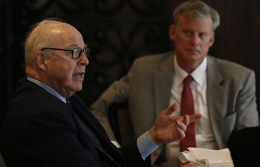 Michael Elleman (R), Senior Fellow for Regional Security Cooperation at the International Institute for Strategic Studies (IISS), listens to former UN inspector Hans Blix during a press gathering in Dubai on March 5, 2013.  (Photo: Karim Sahib/AFP via Getty Images)