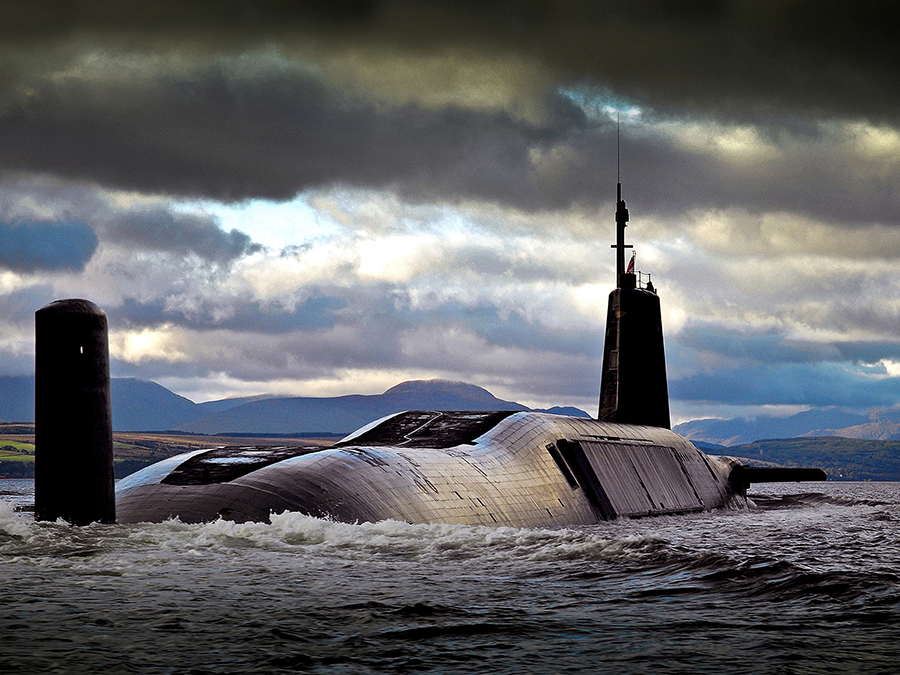 The HMS Vengeance returning to its homeport on the River Clyde in Scotland in 2007. Vengeance is one of four Vanguard-class nuclear-armed submarines operated by the British Royal Navy. Photo: Tam McDonald/MOD