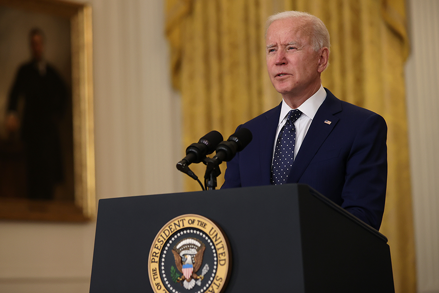 U.S. President Joe Biden speaks from the White House on April 15, 2021 and calls on Russia to engage in "a strategic stability dialogue to pursue cooperation in arms control and security." (Photo by Chip Somodevilla/Getty Images)