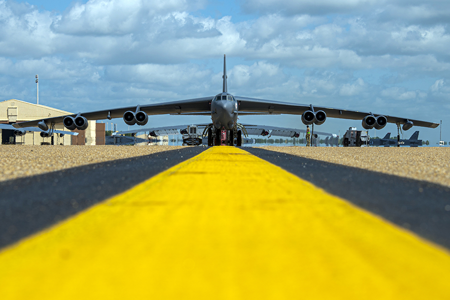 A U.S. Air Force B-52H Stratofortress bomber goes through an engine check at Barksdale Air Force Base in Louisiana in June 2021. Eight Pratt & Whitney TF33 engines give this aircraft the capability of flying at high subsonic speeds.  (U.S. Air Force photo by Senior Airman Kate Bragg)
